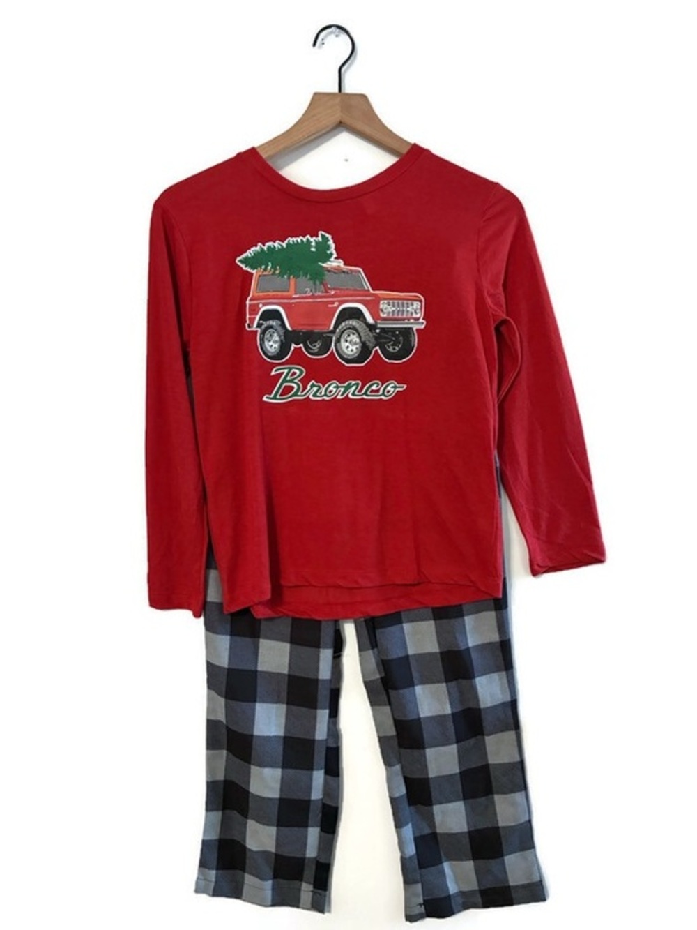 NWT Ford Bronco Red Black Gray Plaid 2 pc Pajama Set Boy’s size Large 10 12